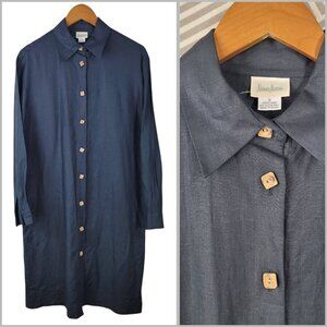 Vtg Neiman Marcus 100% Linen Small Shirt Jacket Dress Long Sleeve Tunic Black